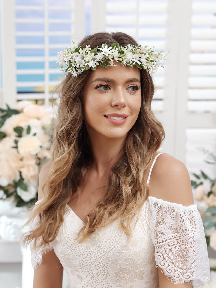 Artificial White Wedding Flower Crowns with Tulle Band