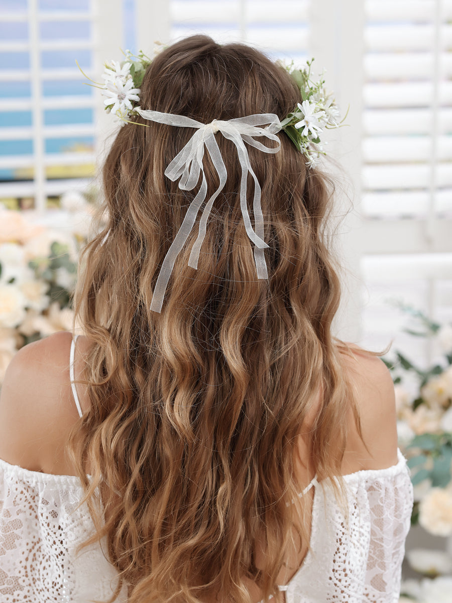 Artificial White Wedding Flower Crowns with Tulle Band