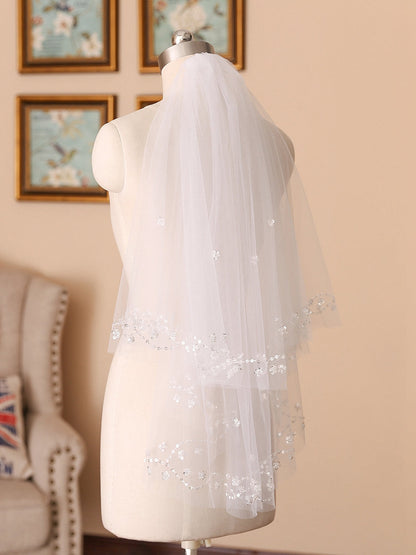 Fancy 2 Layer Tulle With Beading Sequin Wedding Veils