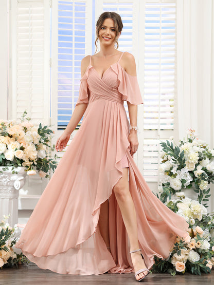 A-Line V-Neck Spaghetti Straps Short Sleeves Asymmetrical Chiffon Bridesmaid Dresses