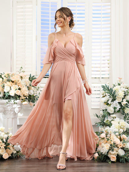 A-Line V-Neck Spaghetti Straps Short Sleeves Asymmetrical Chiffon Bridesmaid Dresses