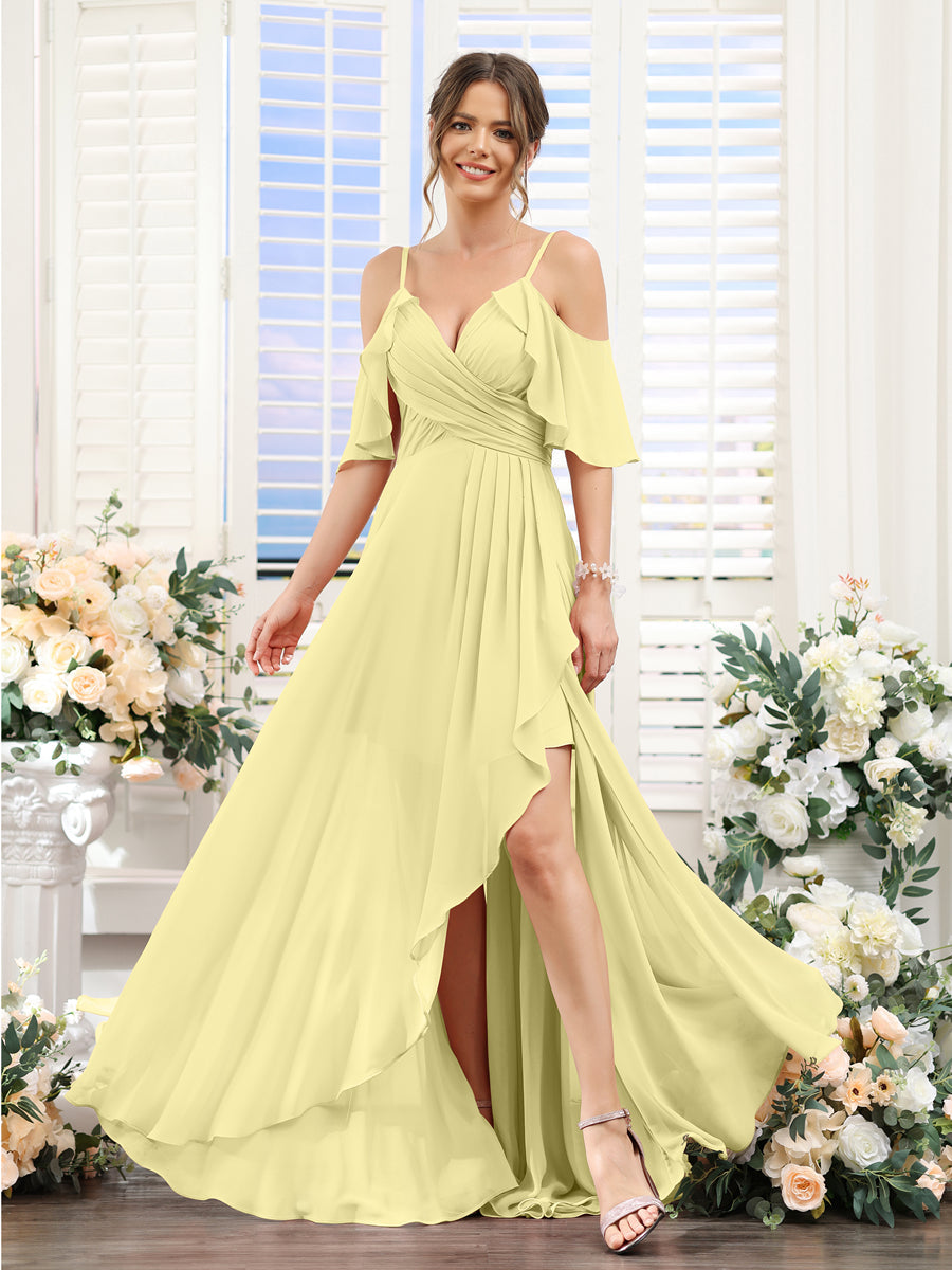 A-Line V-Neck Spaghetti Straps Short Sleeves Asymmetrical Chiffon Bridesmaid Dresses