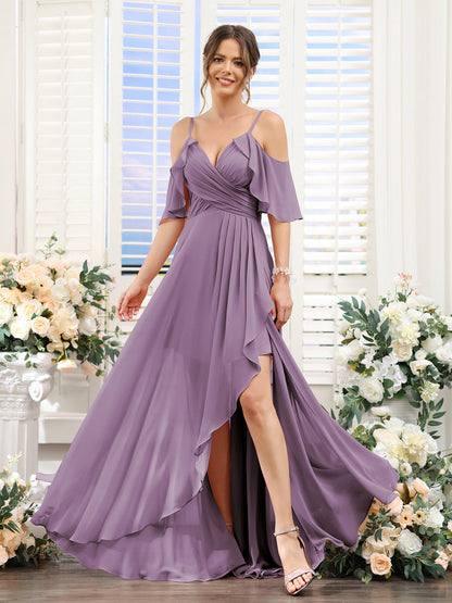 A-Line V-Neck Spaghetti Straps Short Sleeves Asymmetrical Chiffon Bridesmaid Dresses