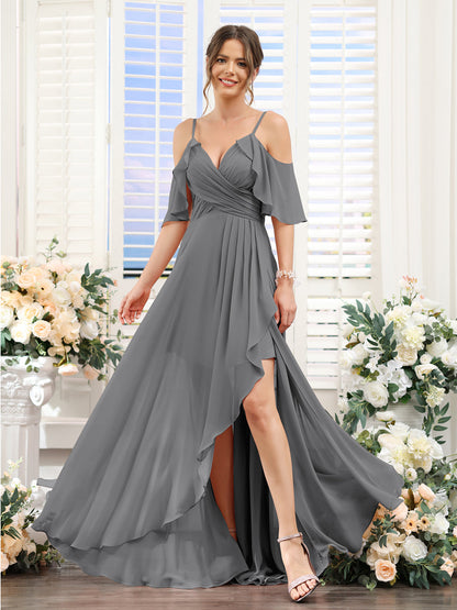 A-Line V-Neck Spaghetti Straps Short Sleeves Asymmetrical Chiffon Bridesmaid Dresses