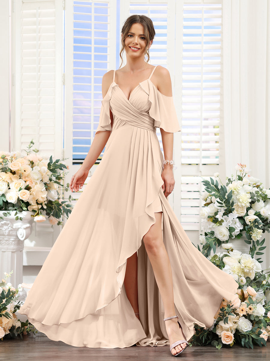 A-Line V-Neck Spaghetti Straps Short Sleeves Asymmetrical Chiffon Bridesmaid Dresses