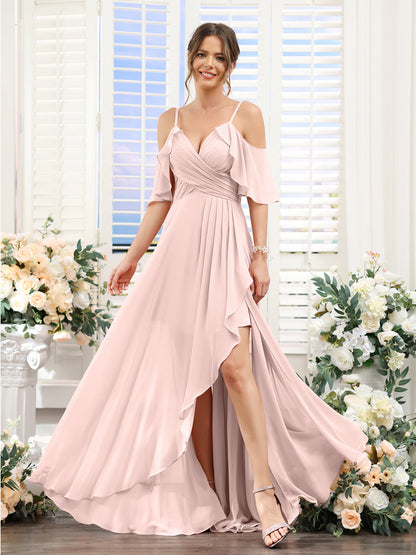 A-Line V-Neck Spaghetti Straps Short Sleeves Asymmetrical Chiffon Bridesmaid Dresses