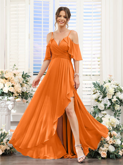 A-Line V-Neck Spaghetti Straps Short Sleeves Asymmetrical Chiffon Bridesmaid Dresses