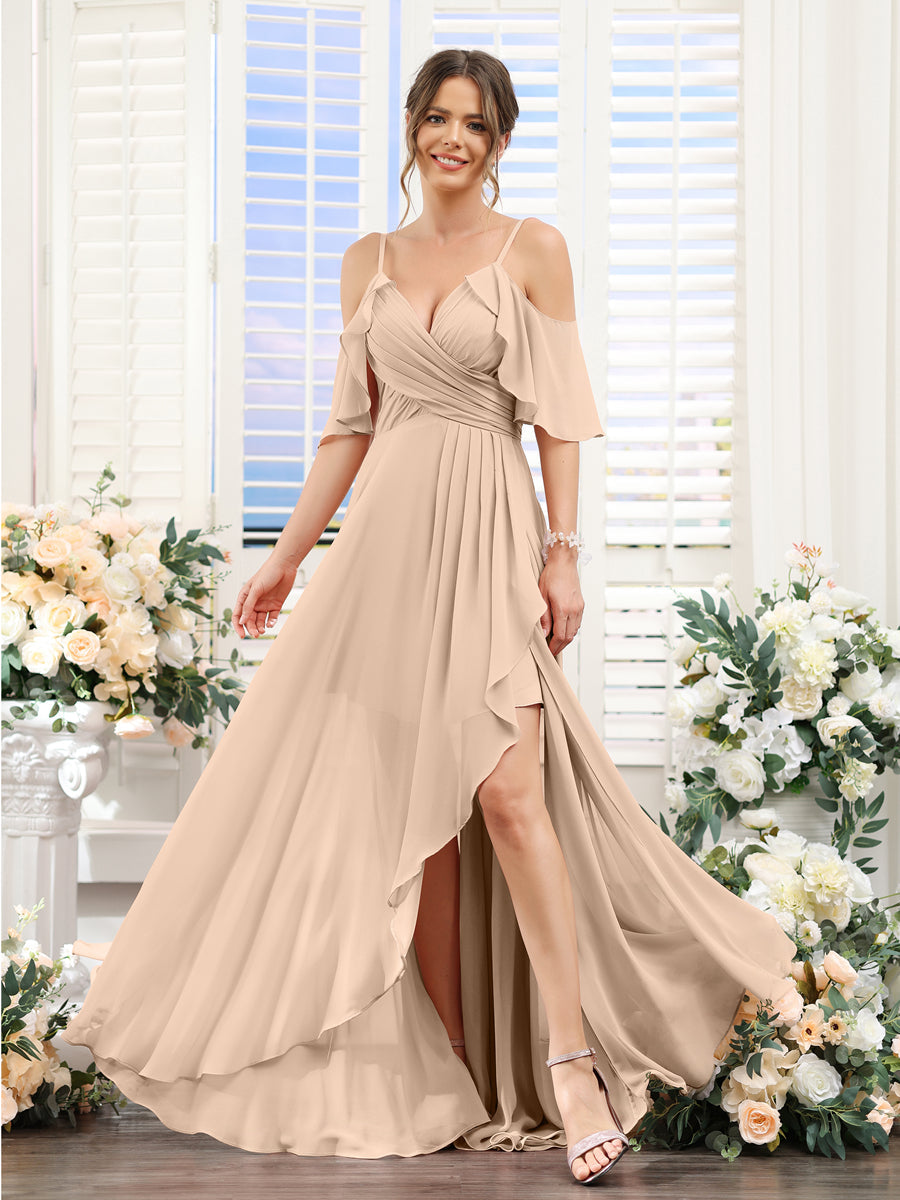 A-Line V-Neck Spaghetti Straps Short Sleeves Asymmetrical Chiffon Bridesmaid Dresses