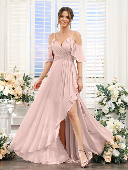 A-Line V-Neck Spaghetti Straps Short Sleeves Asymmetrical Chiffon Bridesmaid Dresses