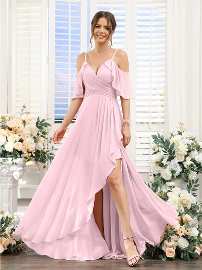 A-Line V-Neck Spaghetti Straps Short Sleeves Asymmetrical Chiffon Bridesmaid Dresses