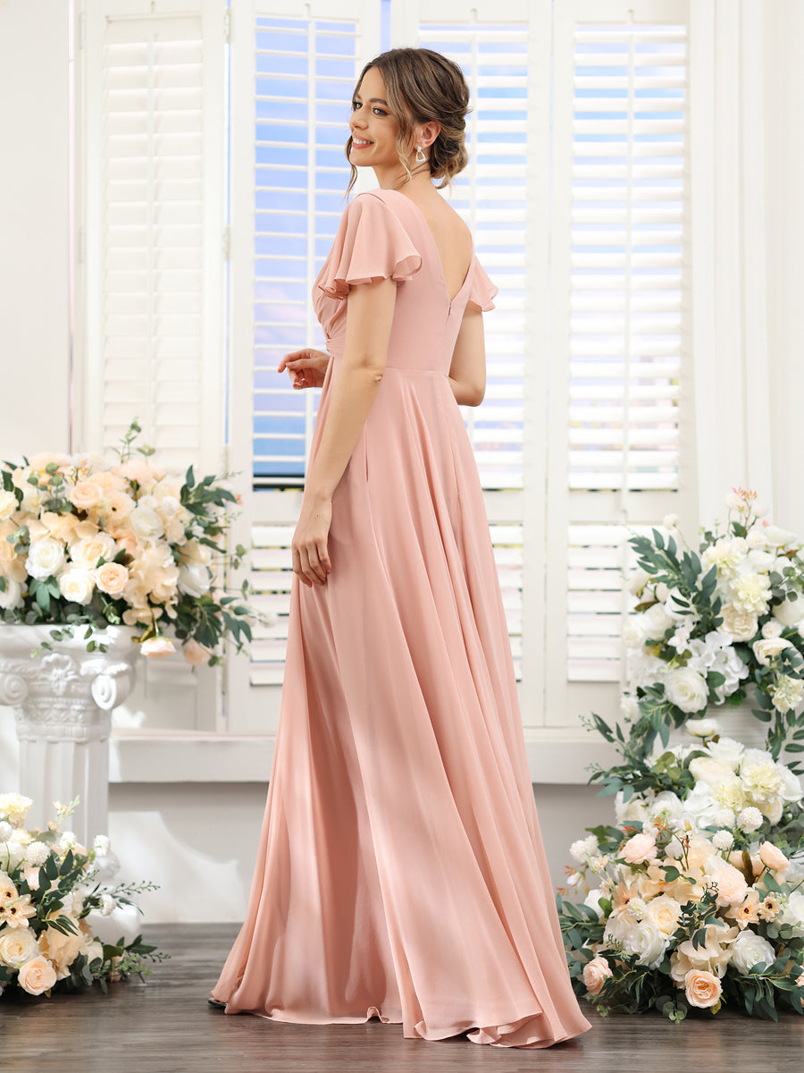 A-Line V-Neck Short Sleeves Split Side Chiffon Bridesmaid Dresses