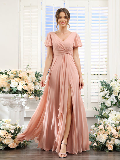 A-Line V-Neck Short Sleeves Split Side Chiffon Bridesmaid Dresses