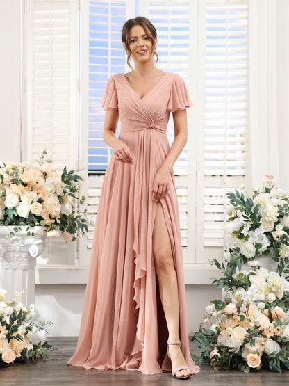 A-Line V-Neck Short Sleeves Split Side Chiffon Bridesmaid Dresses