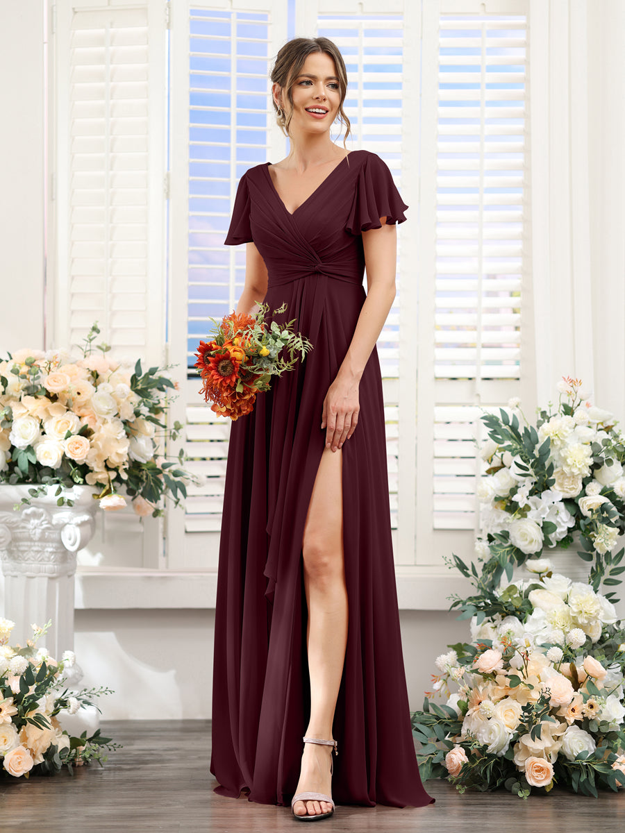 A-Line V-Neck Short Sleeves Split Side Chiffon Bridesmaid Dresses