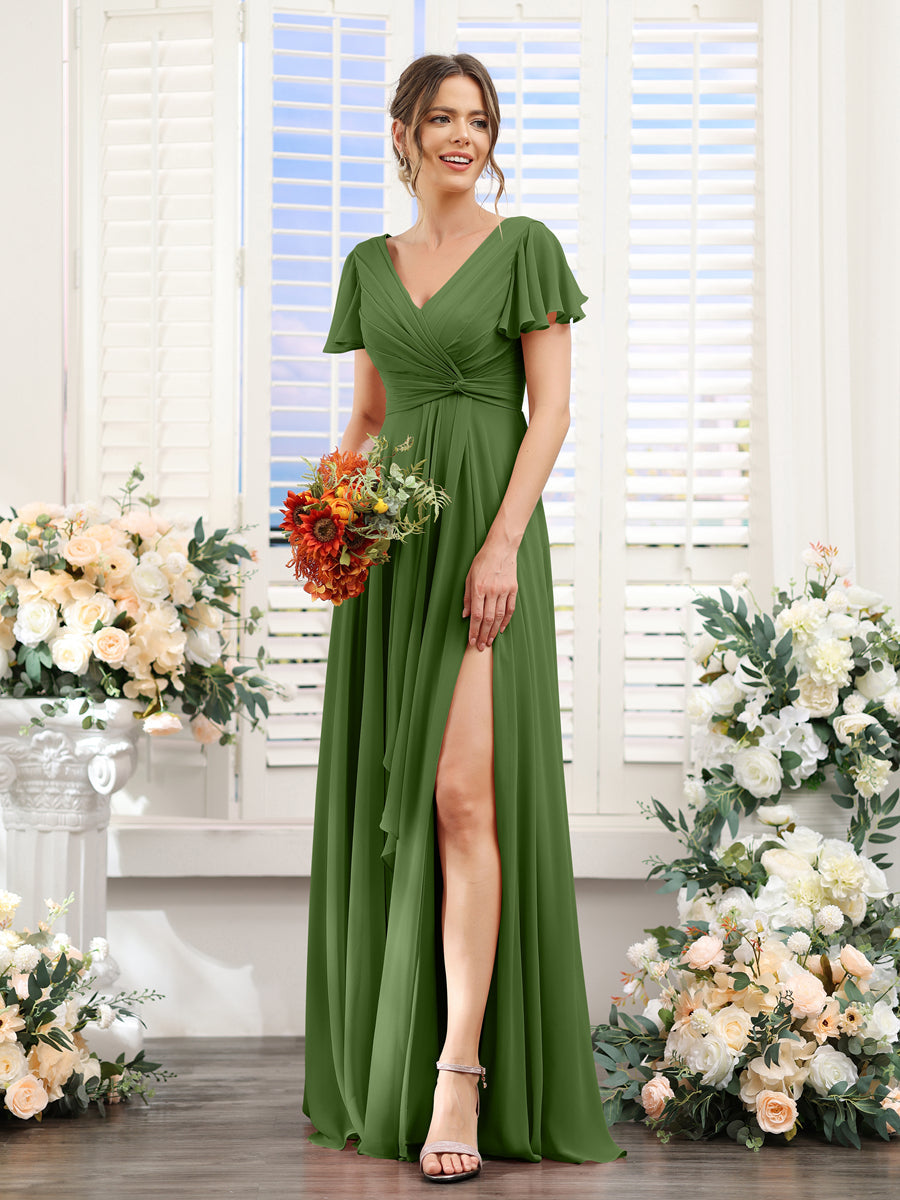 A-Line V-Neck Short Sleeves Split Side Chiffon Bridesmaid Dresses