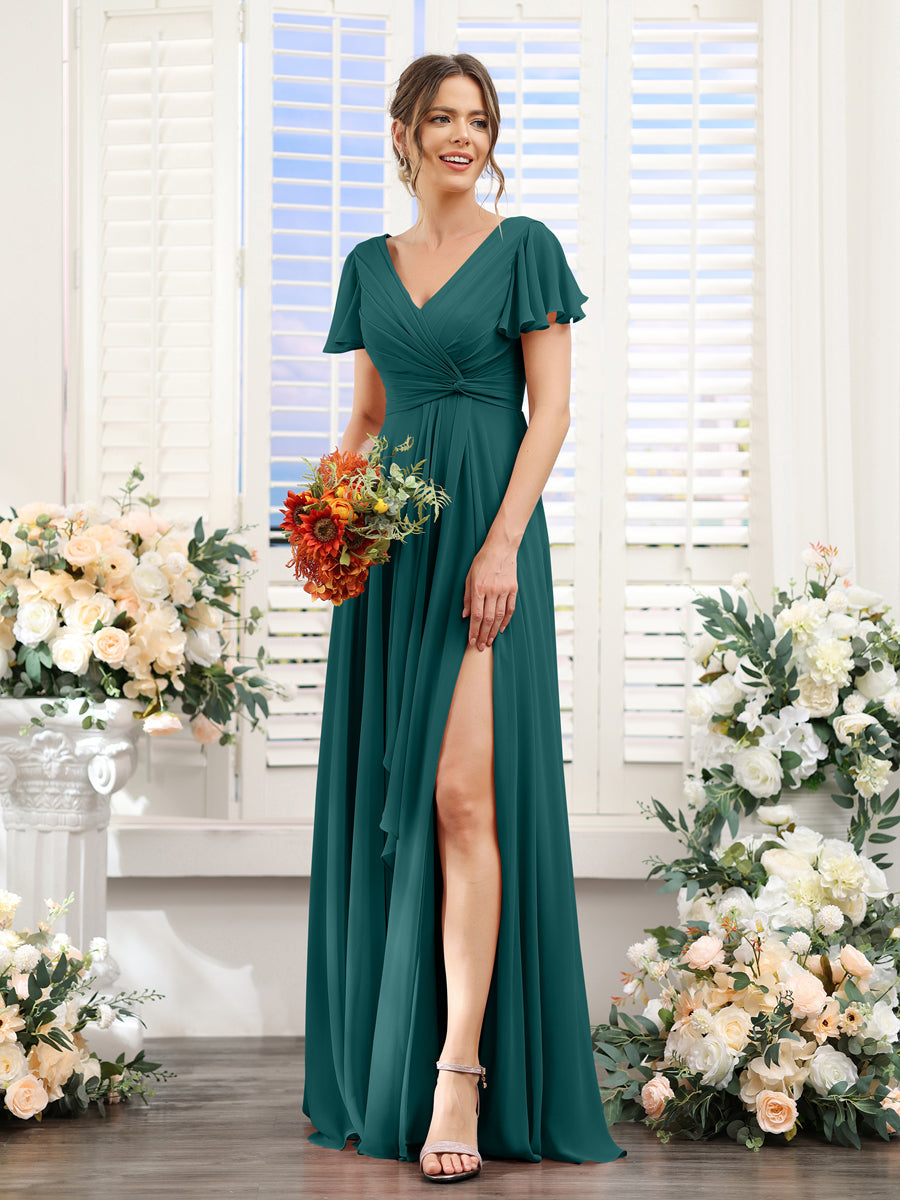 A-Line V-Neck Short Sleeves Split Side Chiffon Bridesmaid Dresses