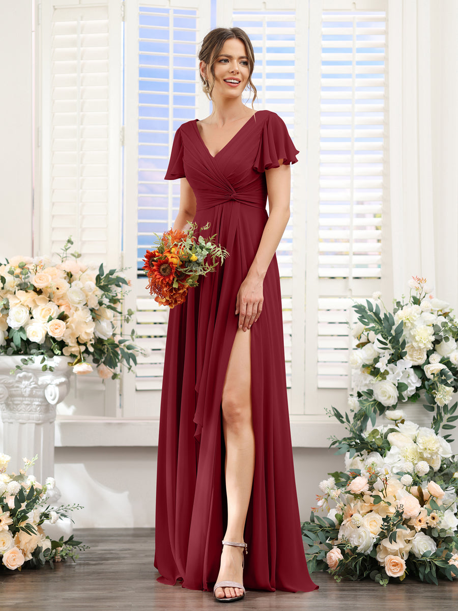 A-Line V-Neck Short Sleeves Split Side Chiffon Bridesmaid Dresses