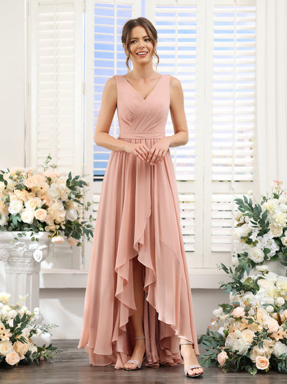 A-Line V-Neck Sleeveless Ruched Asymmetrical Chiffon Bridesmaid Dresses