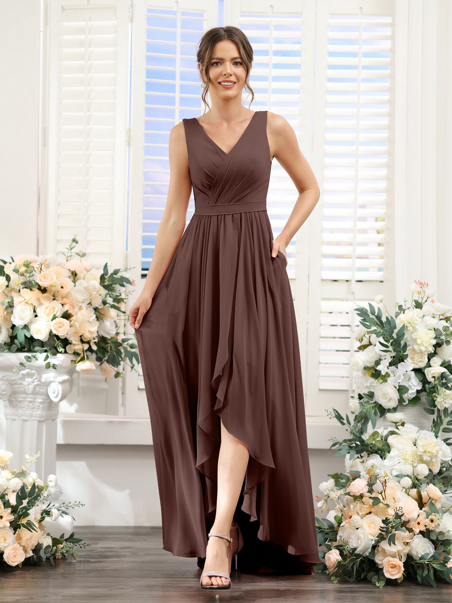 A-Line V-Neck Sleeveless Ruched Asymmetrical Chiffon Bridesmaid Dresses