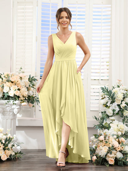 A-Line V-Neck Sleeveless Ruched Asymmetrical Chiffon Bridesmaid Dresses