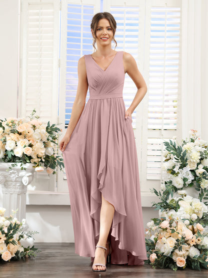 A-Line V-Neck Sleeveless Ruched Asymmetrical Chiffon Bridesmaid Dresses