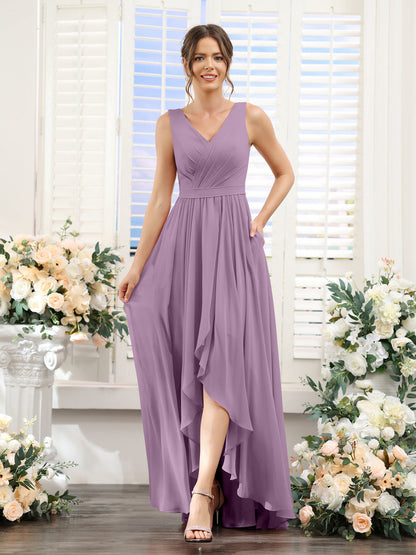 A-Line V-Neck Sleeveless Ruched Asymmetrical Chiffon Bridesmaid Dresses