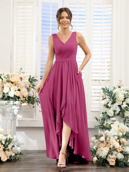 A-Line V-Neck Sleeveless Ruched Asymmetrical Chiffon Bridesmaid Dresses