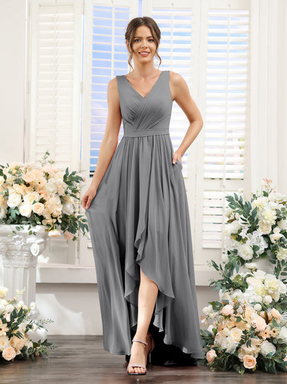 A-Line V-Neck Sleeveless Ruched Asymmetrical Chiffon Bridesmaid Dresses