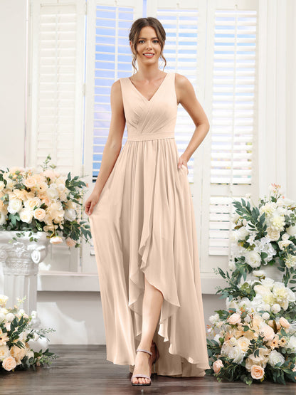 A-Line V-Neck Sleeveless Ruched Asymmetrical Chiffon Bridesmaid Dresses