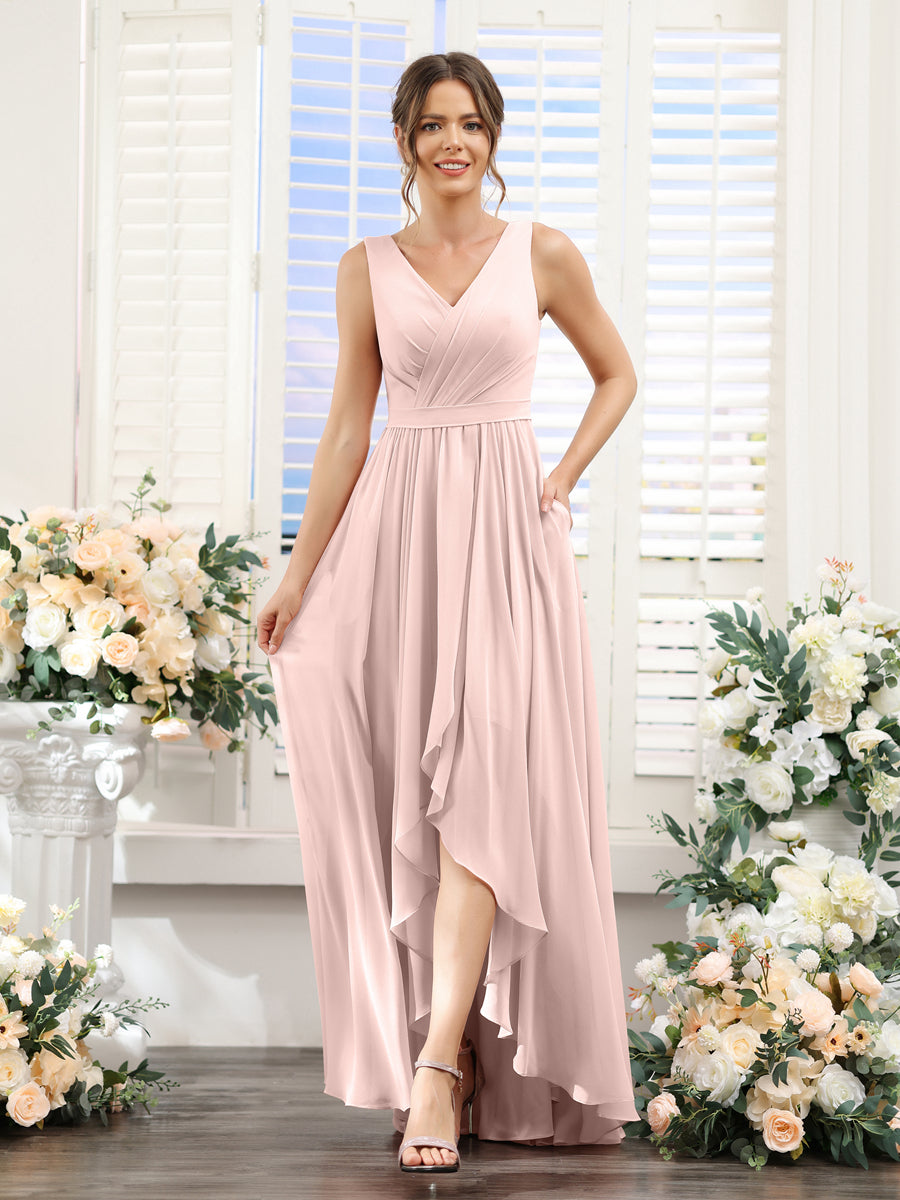 A-Line V-Neck Sleeveless Ruched Asymmetrical Chiffon Bridesmaid Dresses