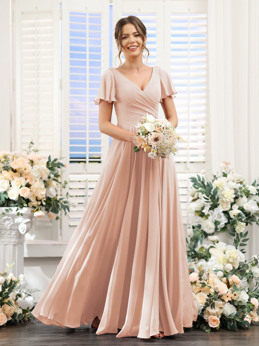 A-Line V-Neck Short Sleeves Split Side Ruched Chiffon Bridesmaid Dresses