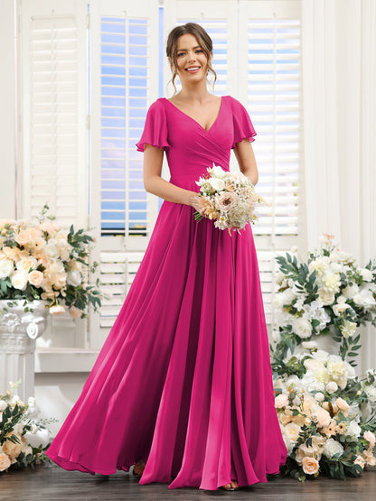 A-Line V-Neck Short Sleeves Split Side Ruched Chiffon Bridesmaid Dresses