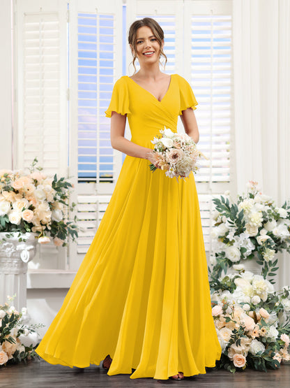 A-Line V-Neck Short Sleeves Split Side Ruched Chiffon Bridesmaid Dresses