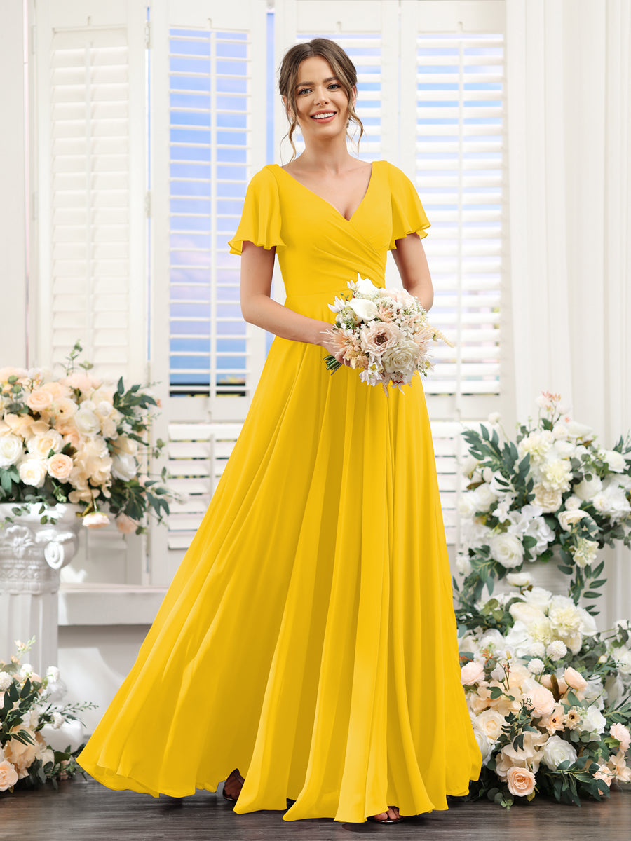 A-Line V-Neck Short Sleeves Split Side Ruched Chiffon Bridesmaid Dresses