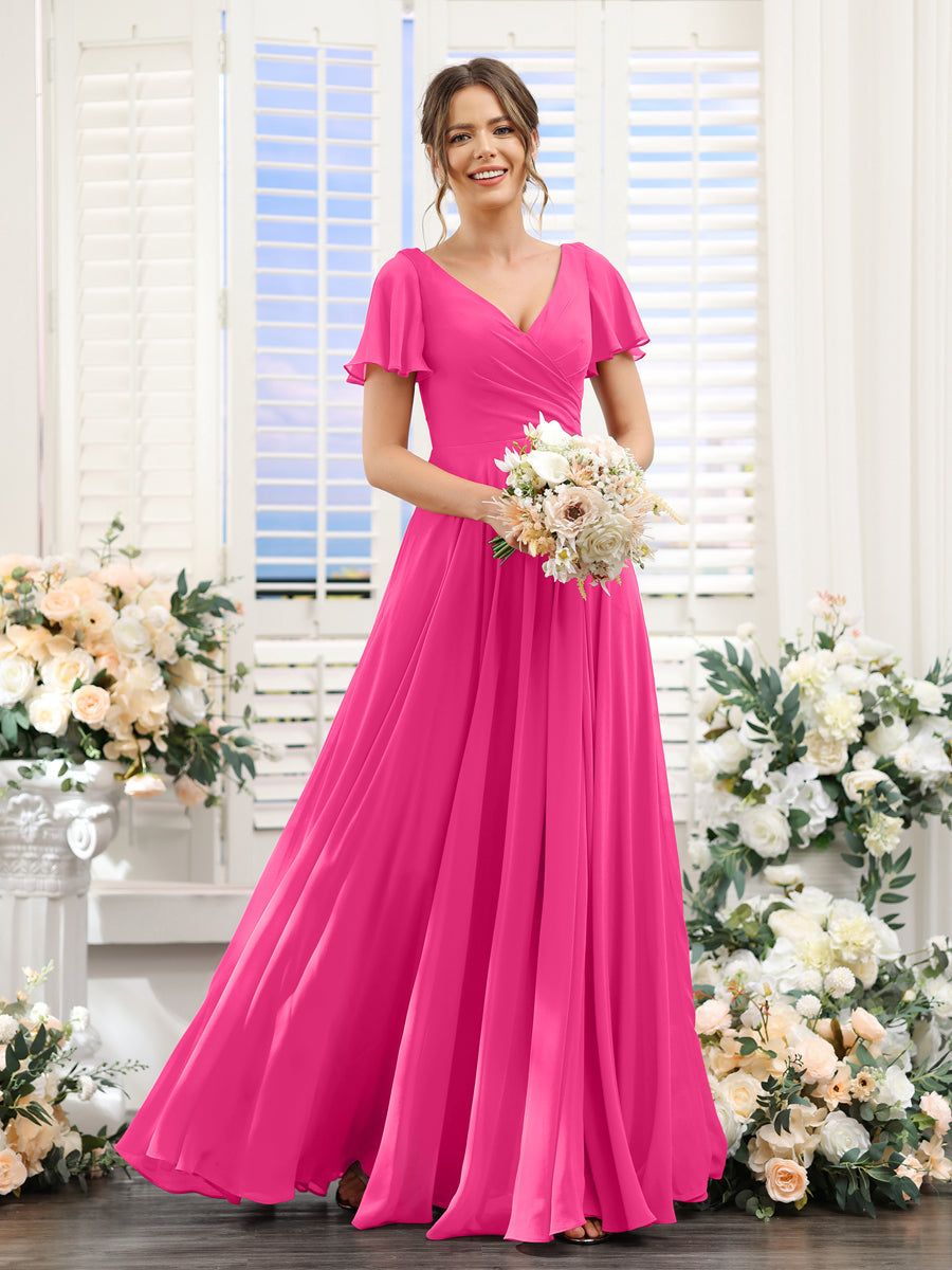 A-Line V-Neck Short Sleeves Split Side Ruched Chiffon Bridesmaid Dresses