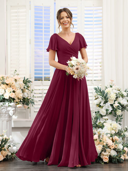 A-Line V-Neck Short Sleeves Split Side Ruched Chiffon Bridesmaid Dresses