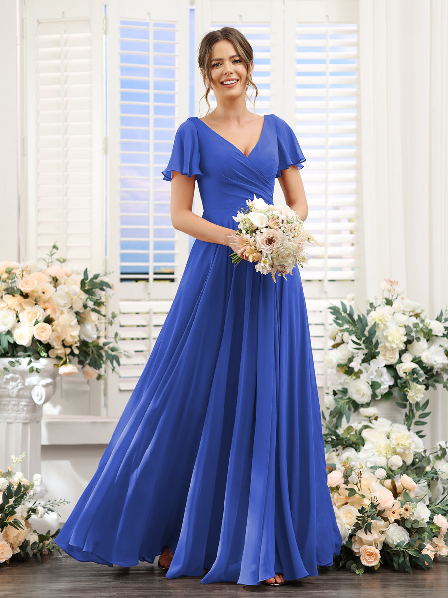 A-Line V-Neck Short Sleeves Split Side Ruched Chiffon Bridesmaid Dresses