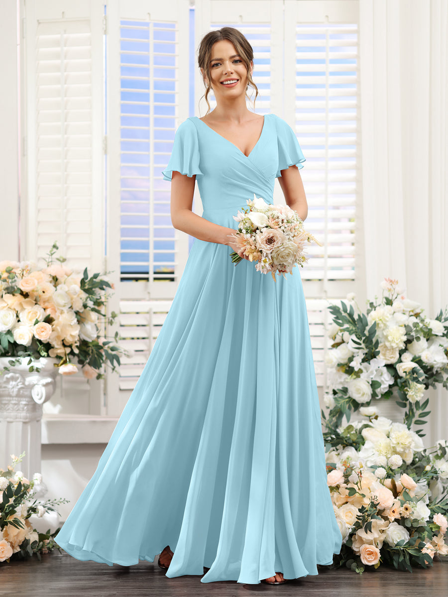 A-Line V-Neck Short Sleeves Split Side Ruched Chiffon Bridesmaid Dresses