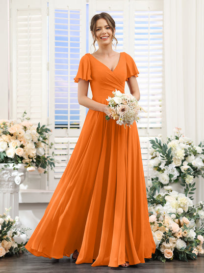 A-Line V-Neck Short Sleeves Split Side Ruched Chiffon Bridesmaid Dresses