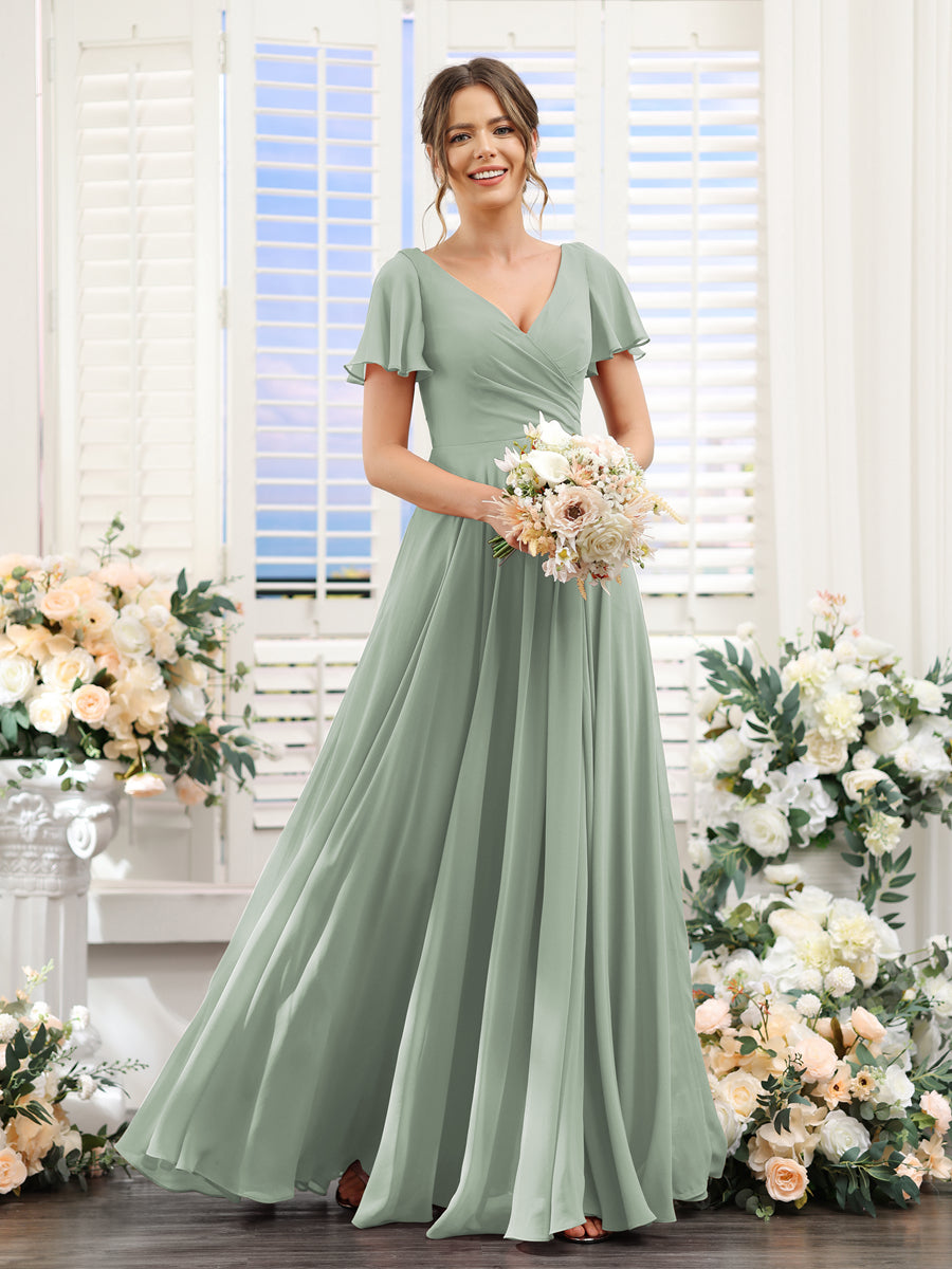 A-Line V-Neck Short Sleeves Split Side Ruched Chiffon Bridesmaid Dresses