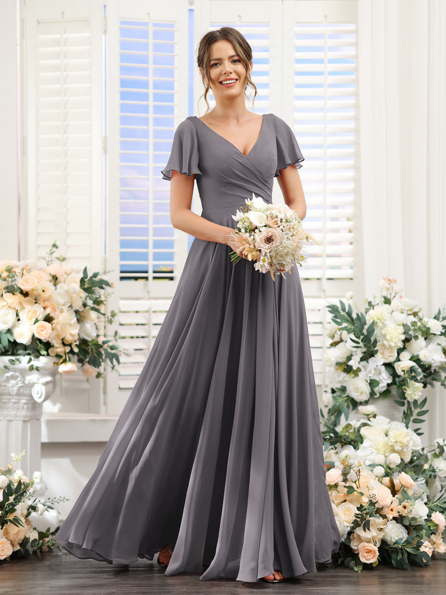 A-Line V-Neck Short Sleeves Split Side Ruched Chiffon Bridesmaid Dresses