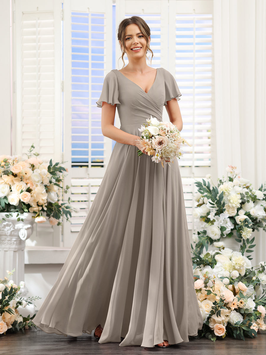 A-Line V-Neck Short Sleeves Split Side Ruched Chiffon Bridesmaid Dresses