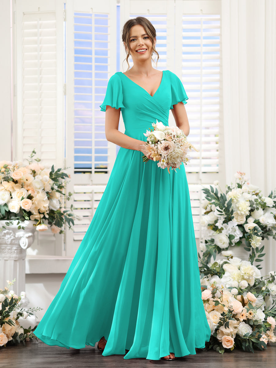 A-Line V-Neck Short Sleeves Split Side Ruched Chiffon Bridesmaid Dresses