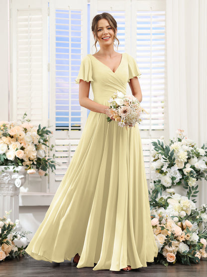 A-Line V-Neck Short Sleeves Split Side Ruched Chiffon Bridesmaid Dresses