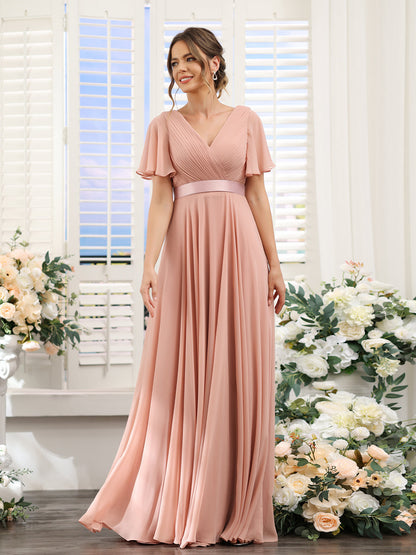 A-Line V-Neck Short Sleeves Chiffon Bridesmaid Dresses with Pockets