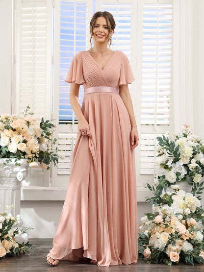 A-Line V-Neck Short Sleeves Chiffon Bridesmaid Dresses with Pockets