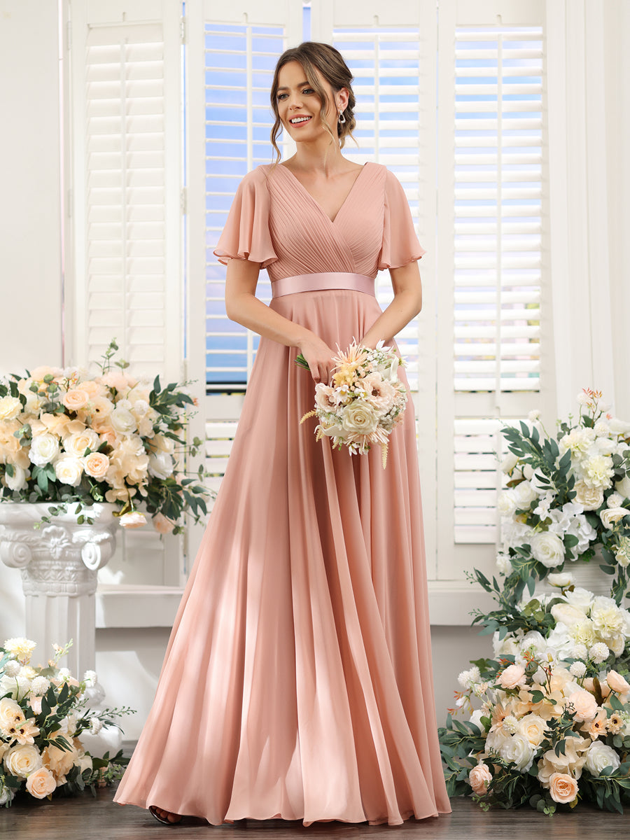 A-Line V-Neck Short Sleeves Chiffon Bridesmaid Dresses with Pockets