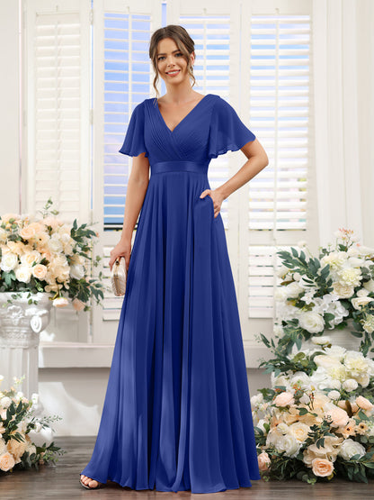 A-Line V-Neck Short Sleeves Chiffon Bridesmaid Dresses with Pockets