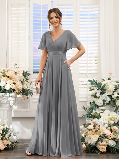 A-Line V-Neck Short Sleeves Chiffon Bridesmaid Dresses with Pockets