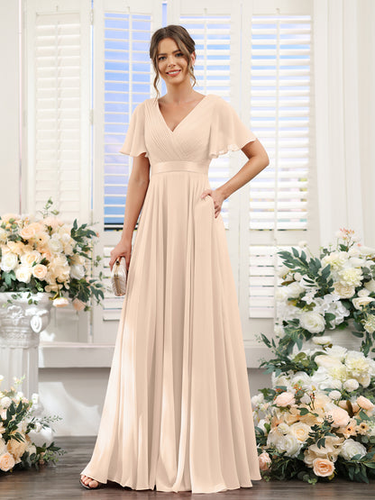 A-Line V-Neck Short Sleeves Chiffon Bridesmaid Dresses with Pockets